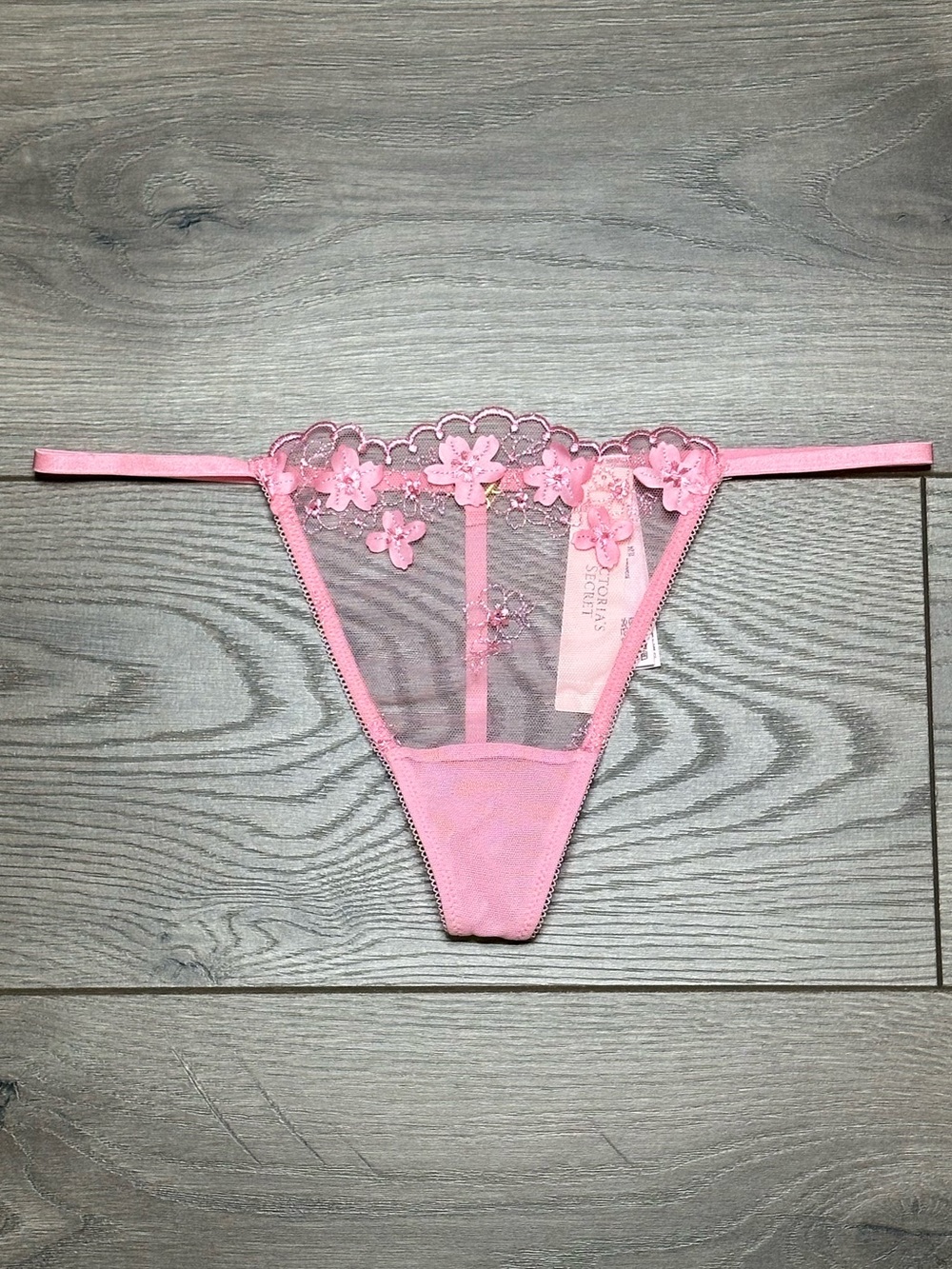 Victoria's Secret Dream Angels Sheer Pink Floral V String Heart Jewel Panty M